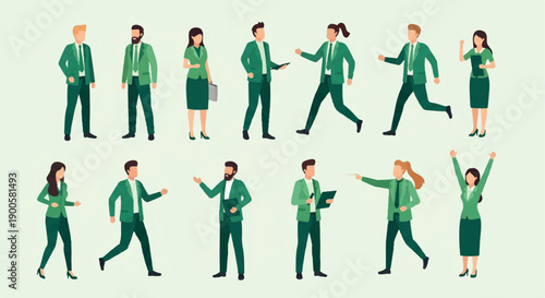 Business people in green suits various poses