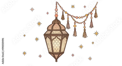 An ornate, decorative Moroccan-style lantern with tassels hanging from a beaded garland, set against a white background with scattered starbursts.