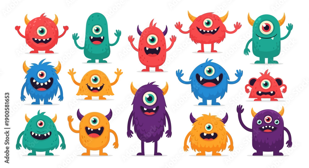 Obraz premium A vibrant collection of cute, cartoonish, one-eyed monsters in various colors and shapes, with some having horns and multiple eyes.