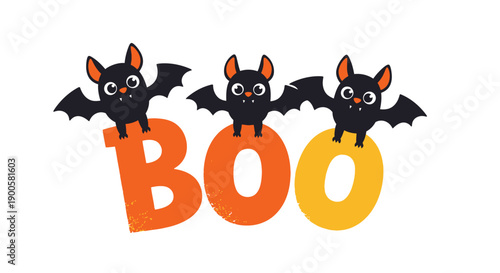 Three cute cartoon bats perched on the letters B, O, O spelling out Boo for Halloween.