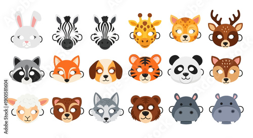 A collection of 18 colorful cartoon animal masks, including a rabbit, zebra, giraffe, deer, raccoon, fox, dog, tiger, panda, sheep, bear, and hippopotamus.