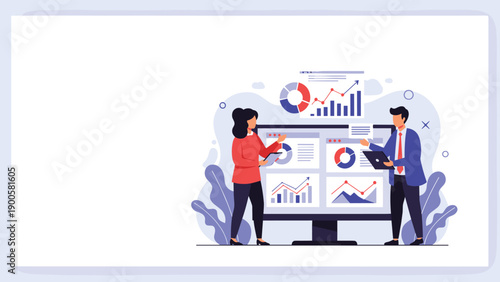 Two business people analyzing multiple data dashboards on a large screen, representing comprehensive analytics and performance management.
