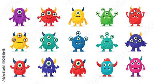 A vibrant collection of 15 unique, cartoonish monsters with various numbers of eyes and horns, set against a white background.