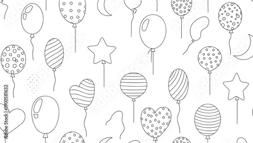 Seamless pattern featuring a delightful assortment of balloons in various shapes and patterns, perfect for celebration backgrounds.