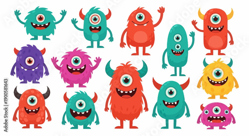 A collection of colorful, cartoonish, one-eyed monsters with horns and arms raised in a playful manner.