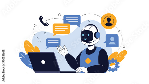 Friendly chatbot working on a laptop providing customer support, with speech bubbles and contact icons, illustrating efficient AI assistance.