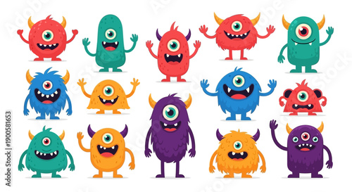 A vibrant collection of cute, cartoonish, one-eyed monsters in various colors and shapes, with some having horns and multiple eyes.