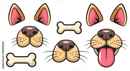 A collection of cartoon dog facial features including ears, noses, and bones, presented in a playful and illustrative style.