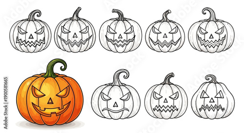 A collection of carved Halloween pumpkins with various spooky facial expressions, including one colored jack-o'-lantern.