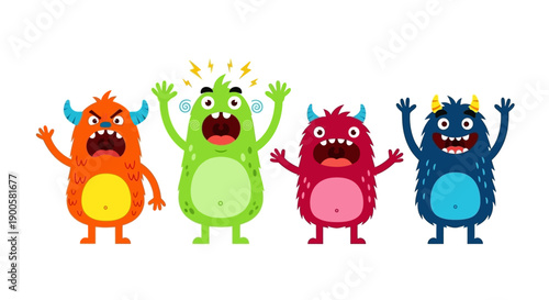 Four colorful, cartoonish monsters with big mouths and horns, expressing various emotions like anger and surprise.
