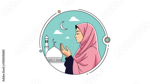 Devoted Muslim woman in a pink hijab praying with hands raised in front of a mosque and crescent moon, symbolizing spiritual worship.