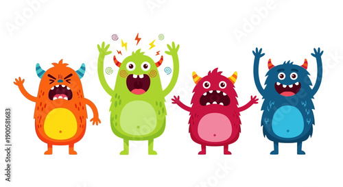 A group of four colorful, cartoonish monsters with different expressions and open mouths, standing side-by-side against a white background.