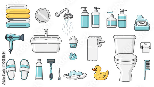 Comprehensive collection of bathroom items with color outlines, including a shower, toilet, sink, and towels, for hygiene and home design.