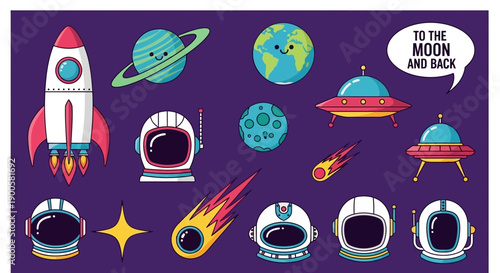 A collection of cute cartoon space-themed illustrations including rockets, astronauts, planets, and UFOs on a purple background.