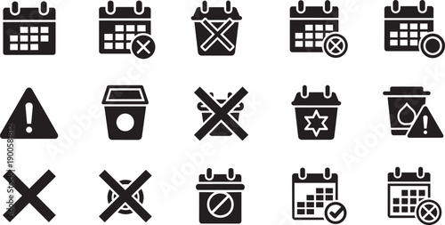 Vector calendar icons with warning and cancellation symbols, for website or app UI, isolated on transparent background, png