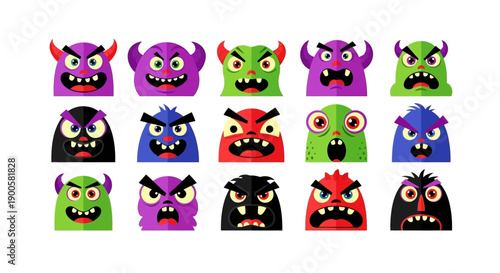 A collection of 15 colorful, cartoonish monster faces with various expressions and features, displayed in a grid.