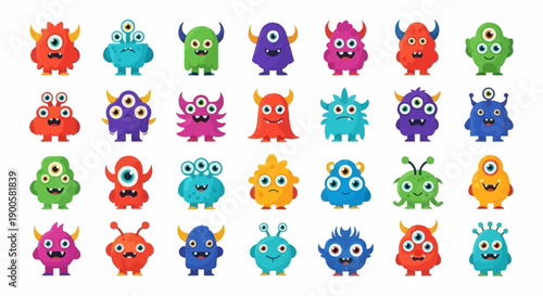 A vibrant collection of 30 unique, cartoonish, and friendly monsters with diverse features and colors, arranged in a grid.