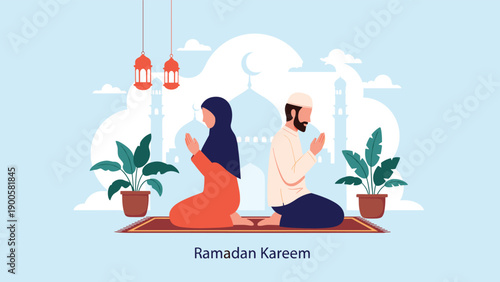 Devoted Muslim couple praying on prayer mats in front of a mosque silhouette and lanterns, symbolizing spiritual worship during Ramadan Kareem.