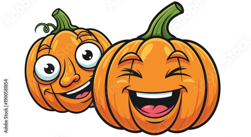 Two cartoon pumpkins with funny faces laughing and winking on a white background.