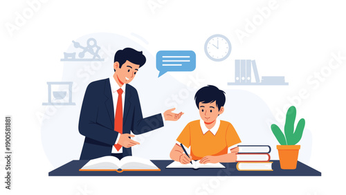 Teacher or tutor assists a young male student with his studies at a desk, providing guidance and support for academic success.