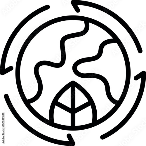 Rotating arrows around planet earth with leaf symbolizing global environmental protection and sustainability