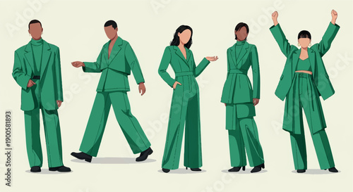 People in green suits posing in various stances