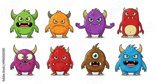 A vibrant collection of eight cartoon monsters, each with unique colors, expressions, and features, standing on a white background.
