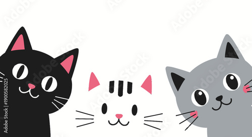 Three adorable cartoon cats, black, white, and grey, peeking playfully from the edges of a white background, with cute pink noses and rosy cheeks.