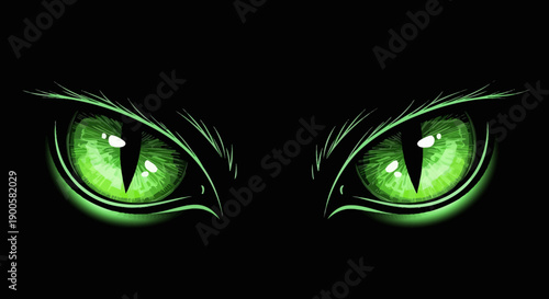 Intense glowing green cat eyes with vertical pupils staring out from a dark black background.