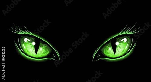 Two glowing green cat eyes staring intensely from a dark background.