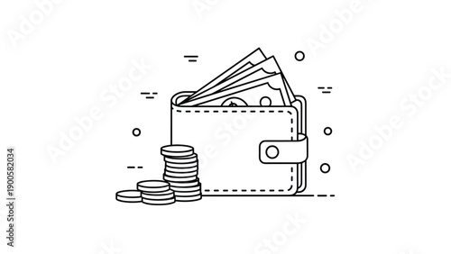 Minimalist line art illustration of a wallet overflowing with cash and a stack of coins, symbolizing wealth and financial prosperity.