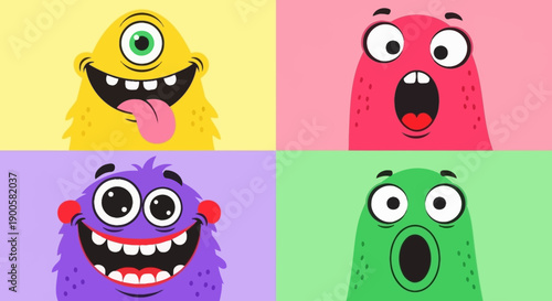 Four colorful cartoon monsters with various funny expressions in a grid.