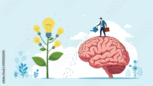 Businessman waters a large brain next to a lightbulb-bearing plant, symbolizing the nurturing of ideas, innovation, and intellectual growth.