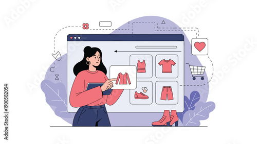 Woman actively browses an online clothing store on a tablet, exploring various apparel items for a seamless e-commerce experience.