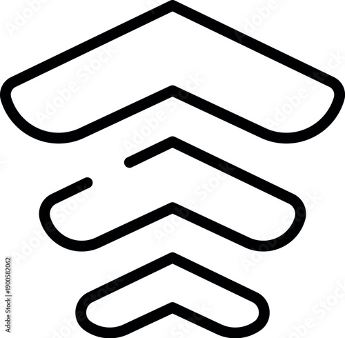 Minimalist line art icon of three chevrons pointing upwards, symbolizing positive growth and progress