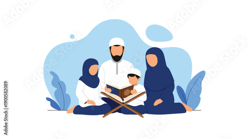 Muslim family sits together, engaged in reading the Holy Quran, embodying devotion and religious education within the family.