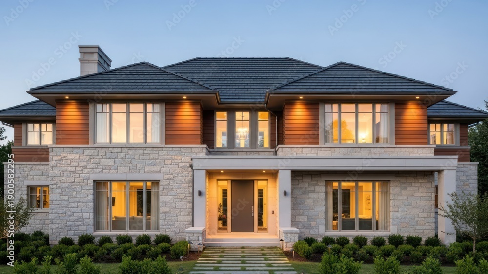 Fototapeta premium Modern Two-Story Stone and Wood Home With Elegant Front Entrance and Landscaping
