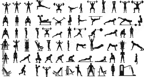 Large collection of fitness silhouettes featuring male and female athletes weightlifting powerlifting performing yoga stretching and using gym equipment for bodybuilding and healthy lifestyle projects