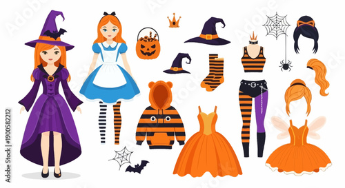 A collection of various Halloween costumes and accessories for children, including a witch, Alice in Wonderland, tiger, and fairy outfits with hats, dresses, and props.