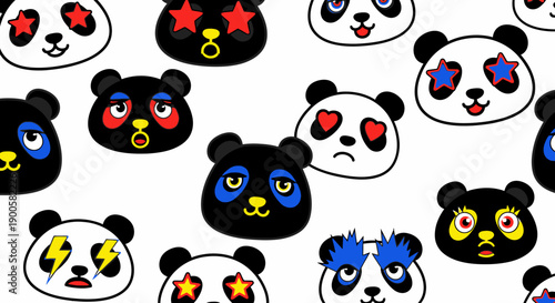 A collection of cute and quirky panda faces with various colorful accessories and expressions, presented in a repeating pattern.