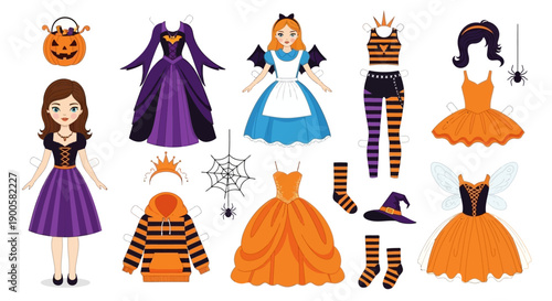Collection of various Halloween costumes and accessories for girls, including dresses, hats, and a pumpkin bucket for festive celebrations.