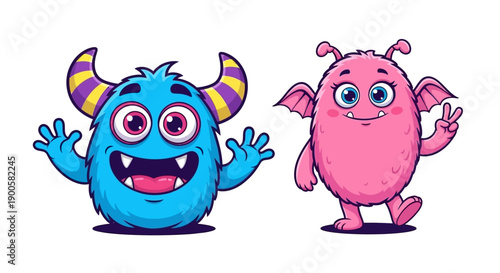 Cute cartoon blue and pink monsters with friendly expressions on a white background, perfect for children's themes.