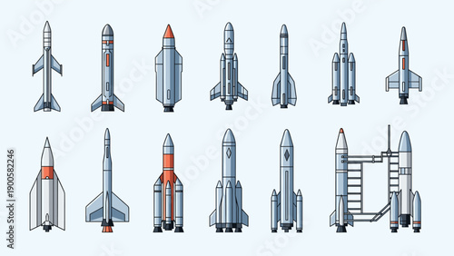 Comprehensive set of pixel art rockets and spacecraft, showcasing diverse designs for space exploration and science fiction themes.