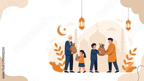 Muslim community, including children and an elderly man, participate in giving and receiving charity bags, with a mosque background.