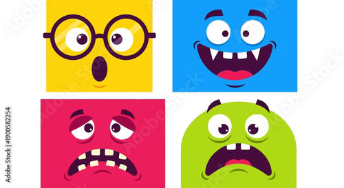 Vibrant illustration of four distinct cartoon faces depicting a range of human emotions and expressions.