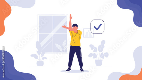 Man performs an arm stretch across his chest in a bright indoor setting, surrounded by plants, achieving his fitness goal.