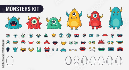 Cartoon monster character creation kit with various body parts, eyes, mouths, and horns for custom design.