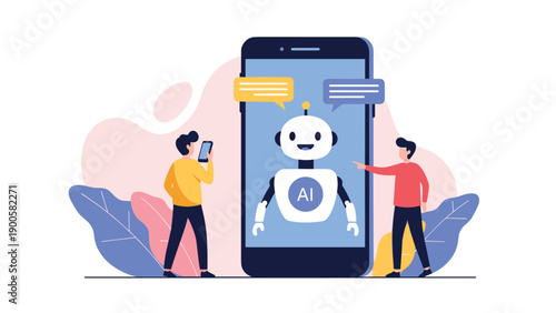 Two men interact with a large smartphone showcasing an AI chatbot, illustrating the communication and assistance provided by artificial intelligence.