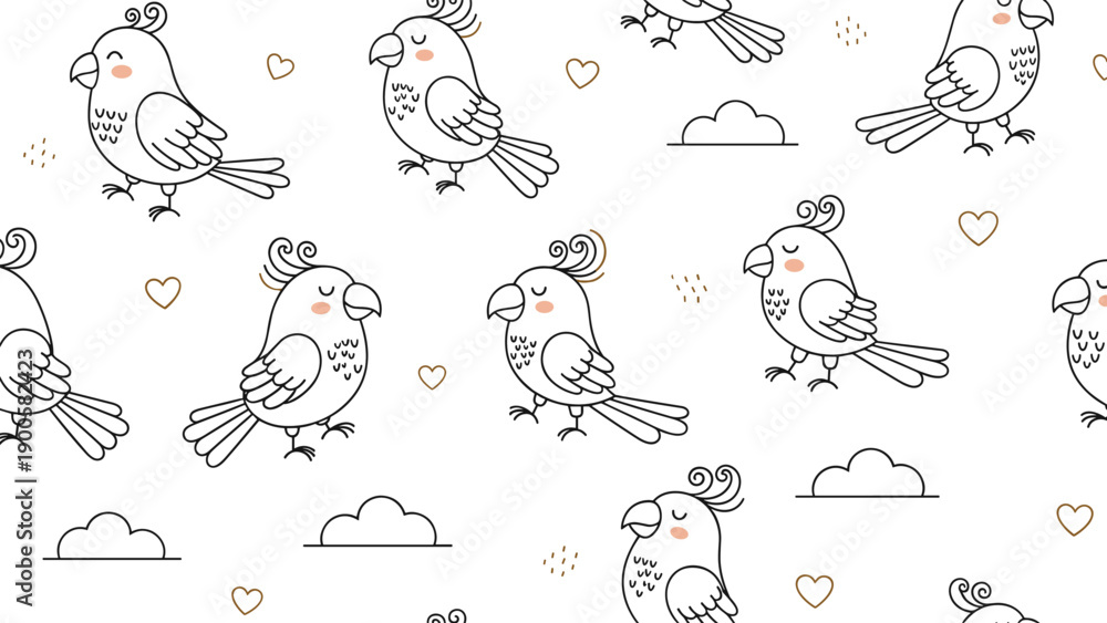 Obraz premium Delightful seamless pattern featuring cute cartoon parrots, fluffy clouds, and scattered hearts, ideal for children's designs.