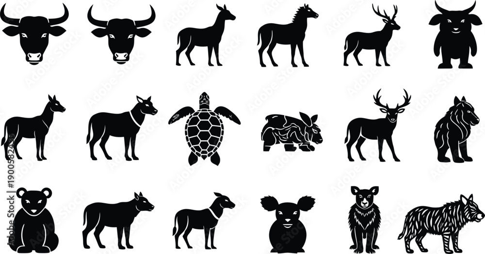 Obraz premium Collection of Black Silhouette Animal Icons: Wildlife and Domestic